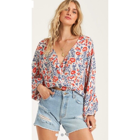Billabong Tops - Billabong Safe Bet Surplice Top Floral V-Neck Boho Blouse Size Medium